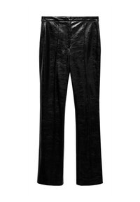 Zwarte neplederen broek met een recht silhouet, voorzien van voorplooien en een gladde, glanzende textuur. Geen zichtbare hardwareaccenten.