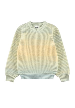 Sweter dziany prążkowany z długimi rękawami w pastelowych gradientowych odcieniach zieleni, żółci i niebieskiego, z okrągłym dekoltem.