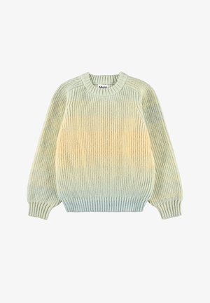 Pull en maille côtelée à manches longues dans des dégradés pastel de vert, jaune et bleu, avec encolure ronde.