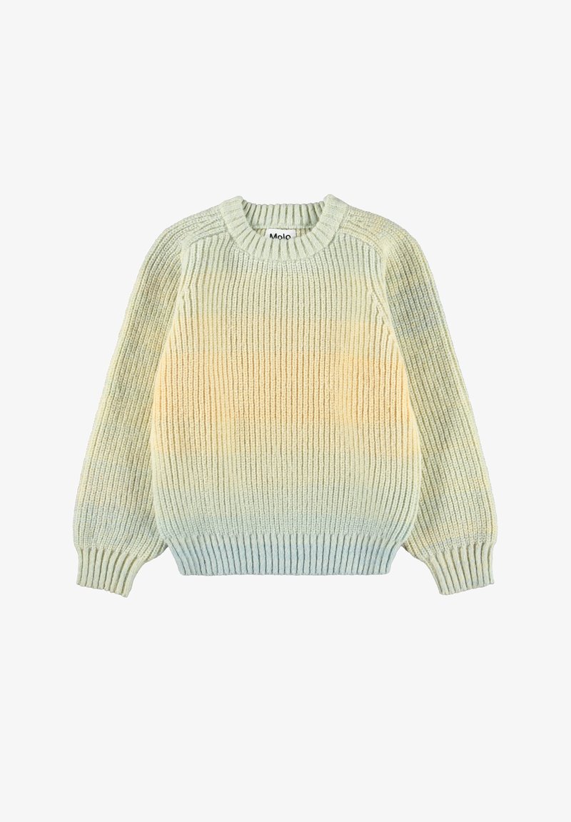 Pull en maille côtelée à manches longues dans des dégradés pastel de vert, jaune et bleu, avec encolure ronde.