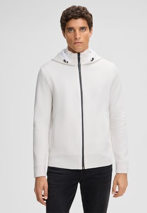 Witte zip-up hoodie met capuchon, textiel met structuur, zwarte rits en twee zijzakken. Strak ontwerp met ribgebreide manchetten en zoom.
