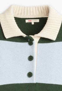 Vihreä ja vaaleansininen raidoitettu neulepolo, jossa on ribbed-tyylinen kermaoväri ja kolme vihreää nappia. Etiketissä lukee "Levi's." Koko S.
