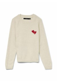 Maglione color crema in un tessuto morbido, con scollo a giro e due design a forma di cuore rosso sul lato sinistro del petto. Maniche lunghe, polsini a costine.