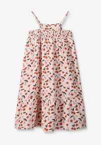 Helles rosa Kleid mit Kirschmotiv, das verstellbare Träger, einen gerafften Oberteil und einen gestuften Rüschensaum aufweist. Hergestellt aus weichem, leichtem Stoff.