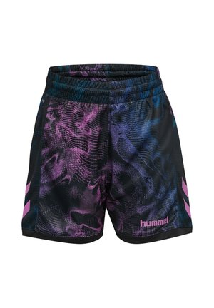 Sports-Shorts mit elastischem Bund, schwarzer Grundfarbe, abstrakten lila und blauen Mustern und pinkfarbenem Hummel-Logo vorne unten rechts.