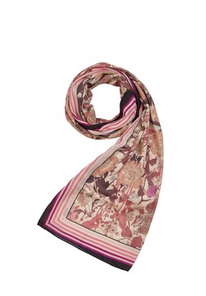 Foulard en soie avec un motif floral dans des tons de rose et de brun, bordé de rayures roses et violettes foncées. Texture légère et douce.
