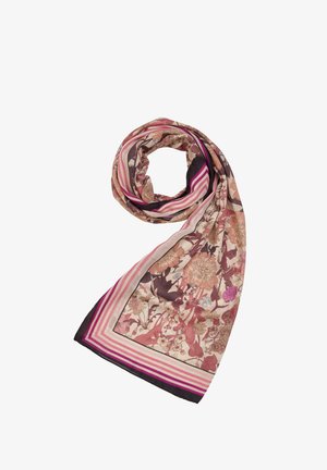 Silk scarf featuring a floral pattern in shades of pink and brown, with a striped border in pink and dark purple. Lightweight and soft texture.