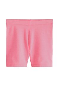 Pantaloncini rosa in cotone con una texture liscia, vita elasticizzata e senza cuciture o tasche visibili. Hanno un design aderente e una lunghezza fino al ginocchio.