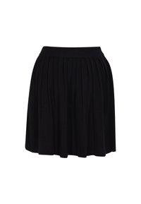 Fustă neagră plisată cu talie elastică, fabricată dintr-un material moale; formă în A, de lungime până la genunchi, având plisuri verticale pentru un plus de textură.