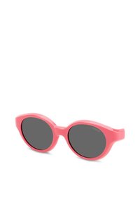 Occhiali da sole in plastica rosa con lenti ovali oversize e tinta grigio scuro. La superficie liscia e le aste larghe aumentano il comfort e la copertura.