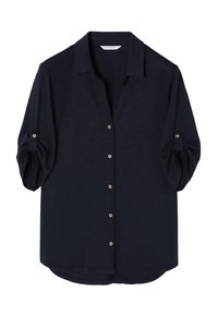 Camisa de manga corta azul marino con cierre de botones en la parte delantera, incluyendo botones dorados y un cuello de solapa. Tela suave y texturada con un corte relajado.