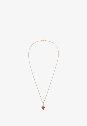 Guld kæde med en hjerteformet vedhæng udsmykket med lyserøde sten, der fremhæver dens glatte overflade og delikate design.