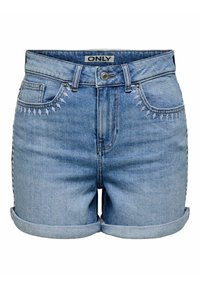 Shorts in denim azzurro chiaro con vita alta, orli risvoltati e cuciture decorative lungo le tasche anteriori. Presentano una chiusura con bottone.
