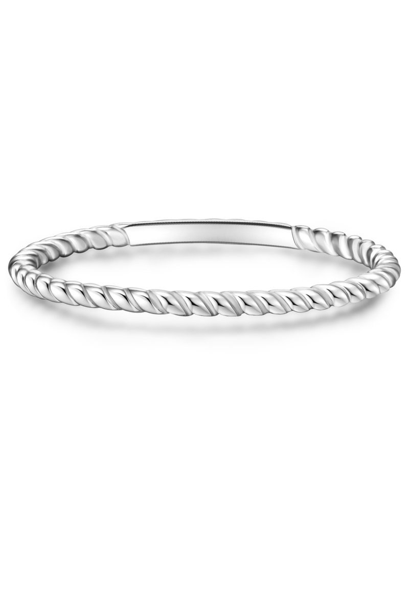 Sidabrinis sukamas apyrankės bangles, turintis apvalią formą, sudėtingą spiralės dizainą ir lygų paviršių, suteikia blizgantį išvaizdą.