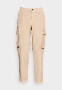 Beige kordflor cargo-byxor med avslappnad passform, med flera sidofickor och en knappstängning i midjan. Texturerat tyg.
