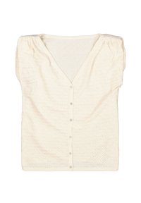 Crèmekleurige gebreide cardigan met V-hals, knoopsluiting, puffmouwen en een gestructureerd patroon met open weefsels.