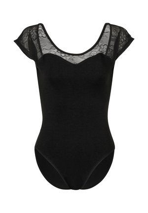 Schwarzer Bodysuit mit Rundhalsausschnitt und Kurzärmeln. Mit einer Spitzenüberlagerung an den Schultern. Glatter Stoff mit einer figurbetonten Silhouette.