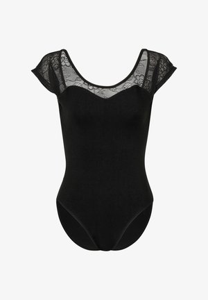 Black bodysuit with a scoop neck and cap sleeves. Features a lace overlay on the shoulders. Smooth fabric with a fitted silhouette.