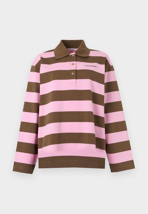 Langærmet poloshirt med horisontale lyserøde og brune striber, tre knapper og lille "marimekko"-logo på brystet.