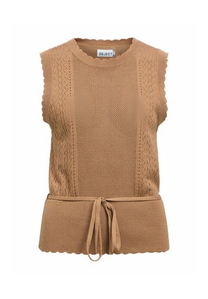 Gilet en tricot sans manches de couleur fauve avec motifs texturés, bords festonnés et ceinture nouée à la taille, étiqueté .OBJECT.