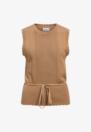 Gilet en tricot sans manches de couleur fauve avec motifs texturés, bords festonnés et ceinture nouée à la taille, étiqueté .OBJECT.