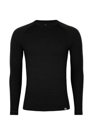 Schwarzes Langarmshirt aus einem glatten, strukturierten Stoff. Verfügt über einen Rundhalsausschnitt und Raglanärmel für eine figurbetonte Silhouette.