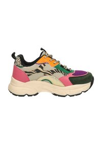 Multicolore sneaker met een mix van materialen, waaronder mesh en suede. Het ontwerp heeft tinten groen, roze, oranje en paarse accenten.