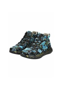 Scarpe alte con un motivo camouflage blu e nero, tomaia in tessuto testurizzato, lacci neri e suola in gomma testurizzata.