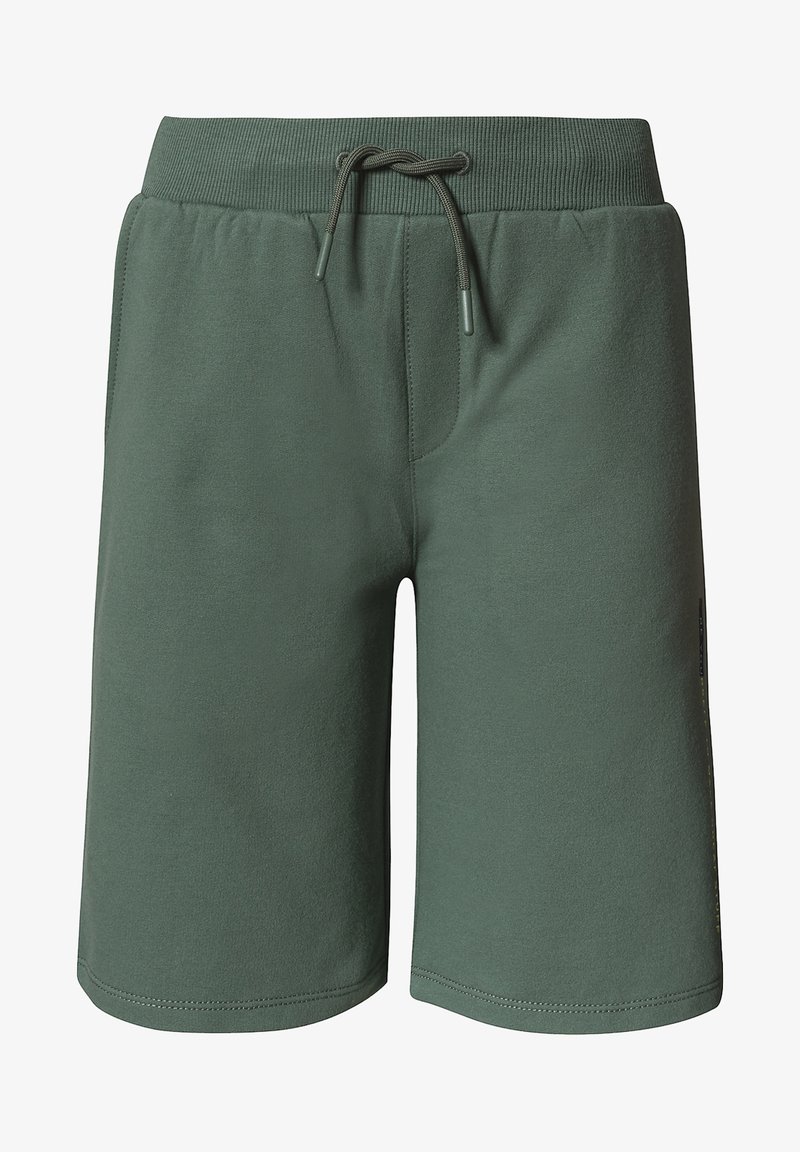 Shorts en mélange de coton vert avec une taille élastique et un cordon de serrage. Comprend des poches latérales et une coupe droite avec des ourlets nets.