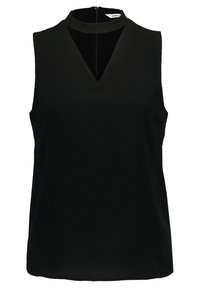 Haut noir sans manches avec un col montant et une petite découpe en forme de V à l'avant, fermeture éclair dans le dos.