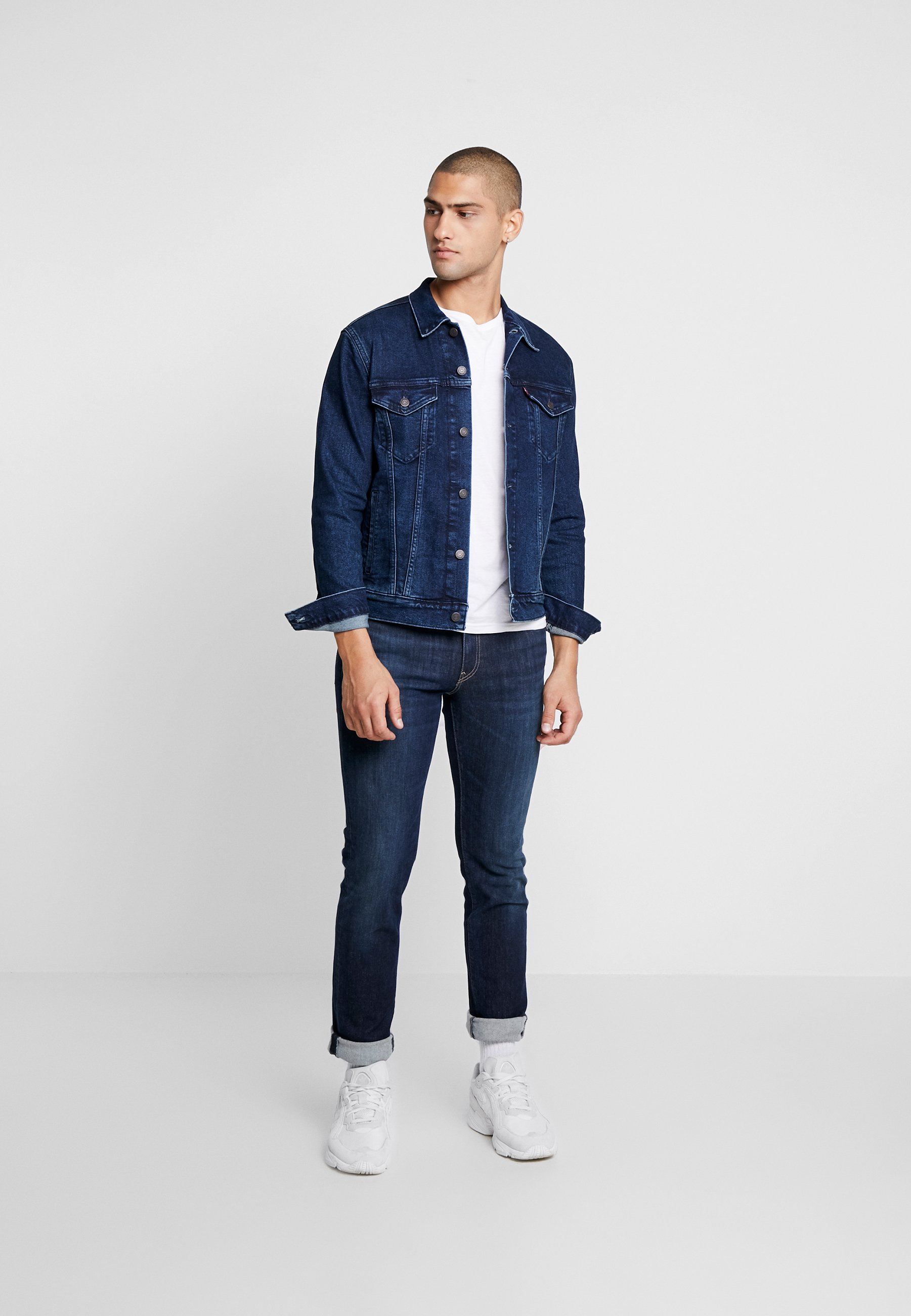 dark blue trucker jacket