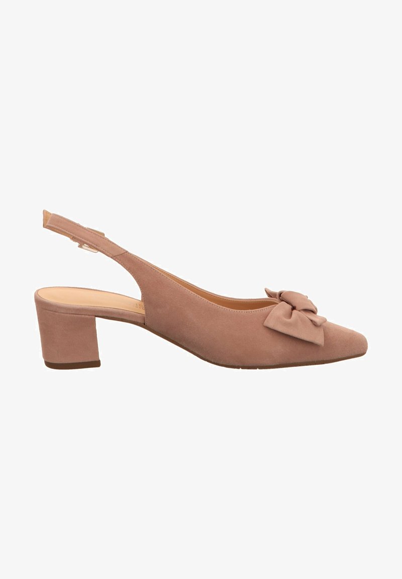 Chaussure slingback en daim mauve avec talon bloc et détail de nœud sur l’orteil pointu, vue latérale.