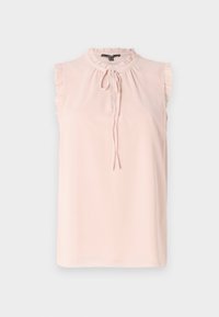 Blouse sans manches rose clair avec un col à volants, des liens à l'avant et un tissu doux et lisse. Design décontracté avec des accents volantés aux épaules.
