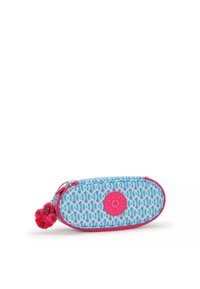 Soffice astuccio blu a motivi con design in rilievo, forma ovale arrotondata, cerniera rosa e dettagli in rosa, dotato di un simpatico portachiavi a forma di scimmia di peluche.