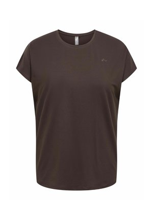Brun T-shirt med korte ærmer, rund hals og løs pasform med lille diskret logo på øverste venstre bryst mod hvid baggrund.