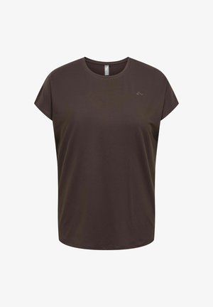 Brun T-shirt med korte ærmer, rund hals og løs pasform med lille diskret logo på øverste venstre bryst mod hvid baggrund.