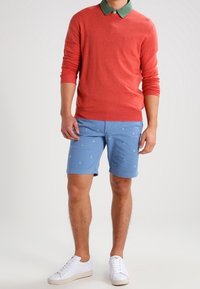 Koralowy sweter nałożony na zieloną koszulę z kołnierzykiem, zestawiony z jasnoniebieskimi szortami z białym wzorem żaglówek i białymi sneakersami.