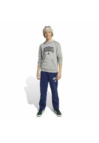 Grauer Kapuzenpullover mit schwarzem "ADIDAS"-Logo, kombiniert mit marineblauen Jogginghosen mit weißem Logo und Akzenten. Beigefarbene Mütze und grüne Sneakers.