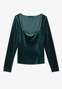Teal Samt-Oberteil mit langen Ärmeln und weitem quadratischen Ausschnitt, verziert mit einem silbernen Perlenrand. Glatte Textur mit taillierter Silhouette.