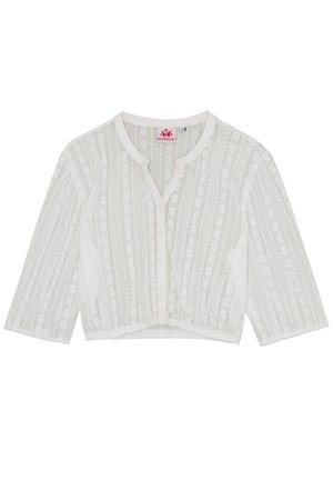 Witte kanten cropped cardigan met driekwartmouwen, knoopsluiting aan de voorkant en een ronde halslijn.