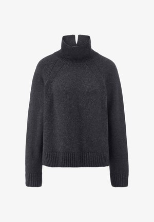 Dunkelgrauer Pullover mit hohem Kragen, Rippbündchen und Saum. Verfügt über einen teilweisen Reißverschluss am Kragen und hat eine lockere Passform. Weiche Textur.