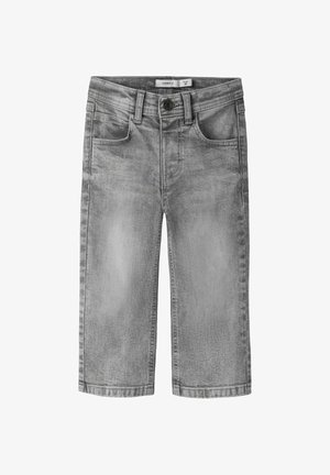 Jean en denim gris délavé pour tout-petit avec poches avant, passants pour ceinture et fermeture par bouton, taille 92.