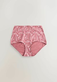 Sous-vêtement féminin rose taille haute avec motif floral blanc et silhouette féminine, petit nœud au centre de la ceinture.