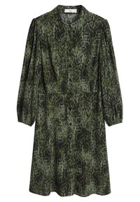 Robe verte à motif python présentant des manches longues, une fermeture à boutons sur le devant et une silhouette décontractée. Confectionnée en tissu léger et texturé.