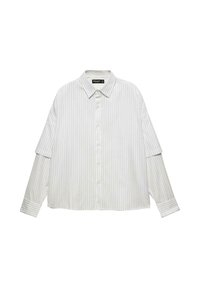 Witte button-up shirt met verticale grijze strepen. Heeft een klassieke kraag, een ontspannen pasvorm en lange mouwen met manchetdetails.