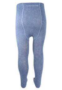 Blaue, gerippte Strumpfhosen aus einem weichen Material mit einem glatten Bund und einem taillierten Design, das sich bis zu den Knöcheln verjüngt.