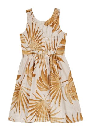 Vestito senza maniche con vita arricciata e tessuto beige con grandi stampe di foglie tropicali marroni.
