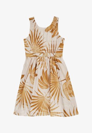 Vestito senza maniche con vita arricciata e tessuto beige con grandi stampe di foglie tropicali marroni.