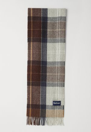 Long wool scarf with brown, navy blue, gray, and beige plaid pattern, fringed ends, and a small rectangular label reading "Barbour."