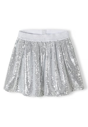 Mini-jupe en sequins argentés avec une large ceinture élastique pailletée, évasée et texturée pour un look scintillant et festif.